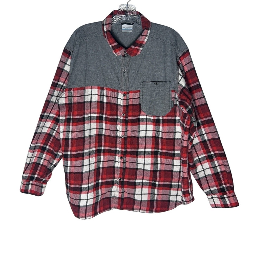 Columbia Mens XL Red Plaid Flannel Shirt Button Down Contrast Yoke Regular